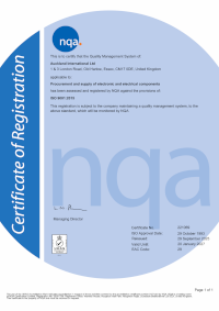 ISO 9001:2015 certificate for procurement and supply of electronic and electrical components.